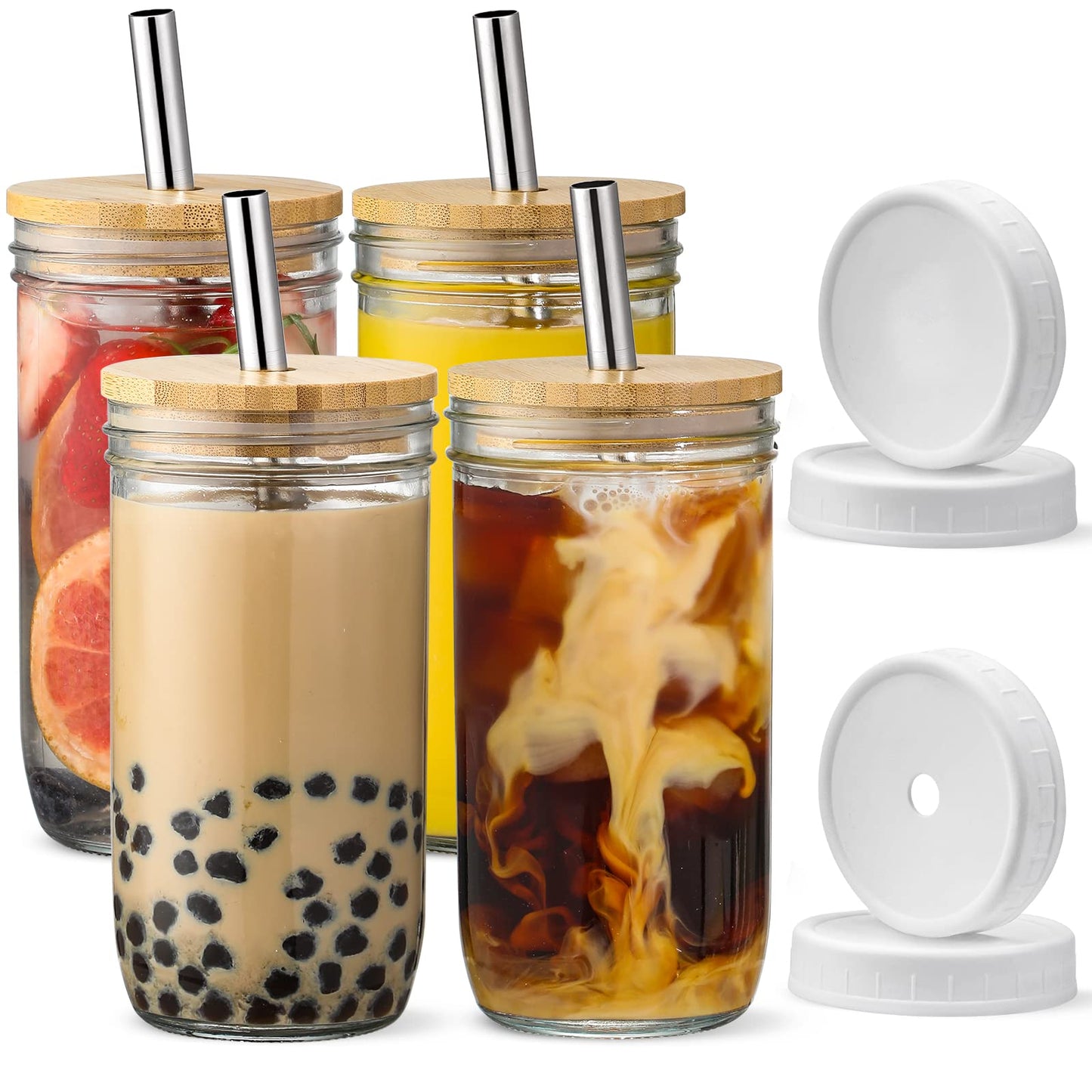 24oz Drinking Glasses w/ Bamboo Lids Silver Straw Cups Beer Iced Coffee Glasses