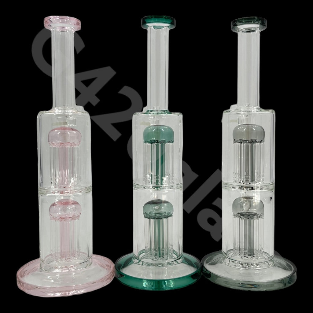 S11   12 Inch Colored Double Tree Perch Beaker Bongs | Hexagon Base