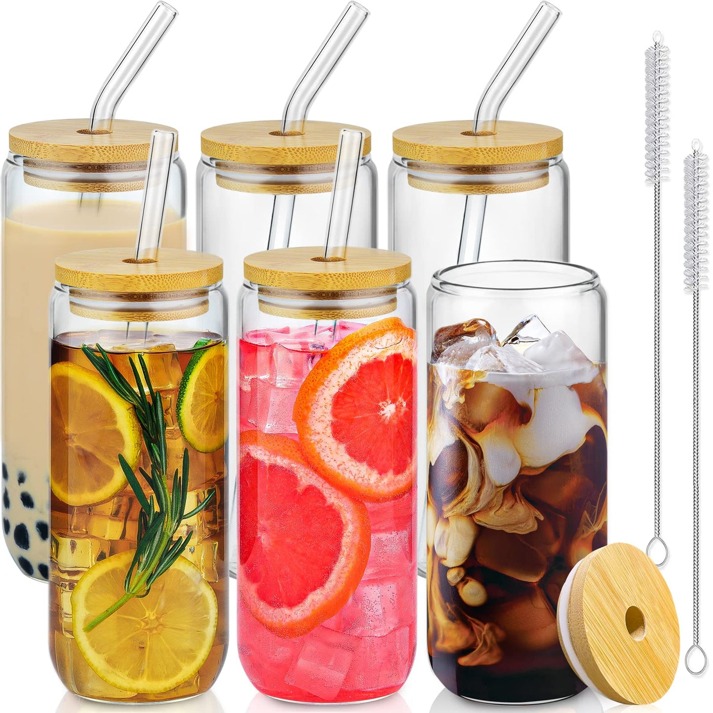 20oz Drinking Glasses w/ Bamboo Lids Glass Straw Cups Beer Iced Coffee Glasses