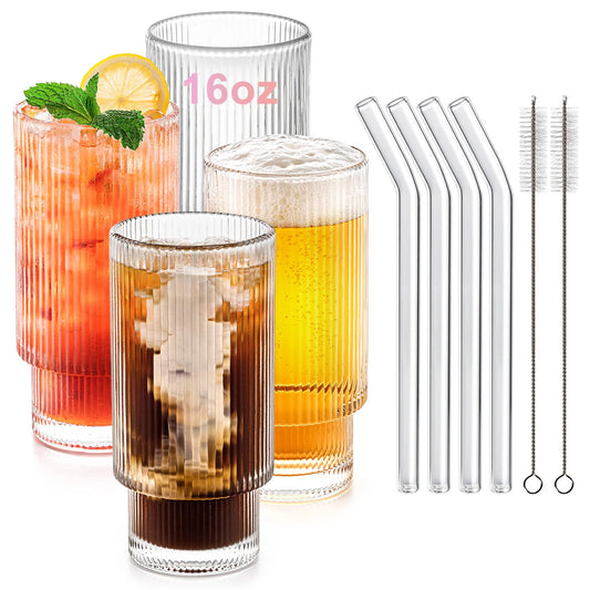 Ribbed Glass Cups with Glass Straws, 16oz/11oz Drinking Glasses, Set of 4pcs/6pcs