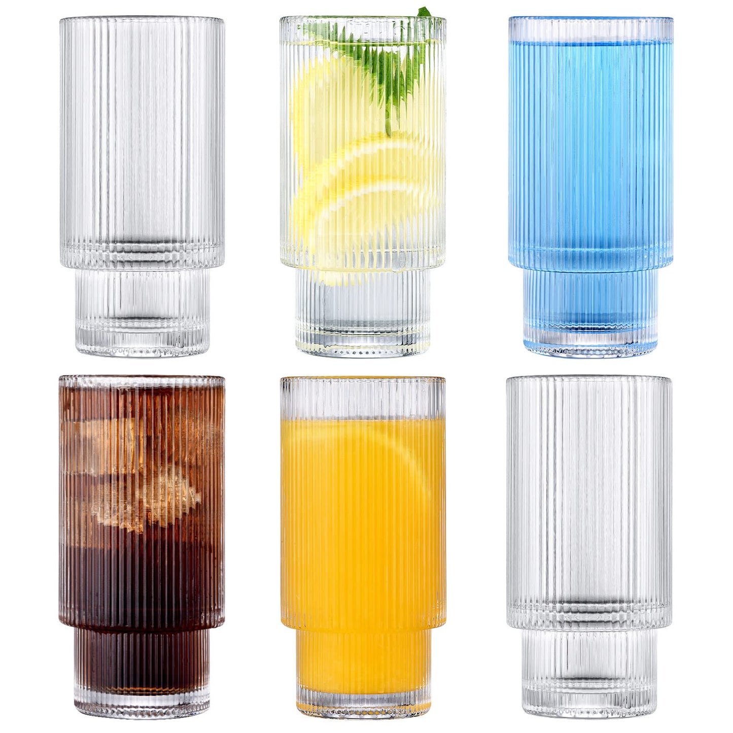 Ribbed Glass Cups with Glass Straws, 16oz/11oz Drinking Glasses, Set of 4pcs/6pcs