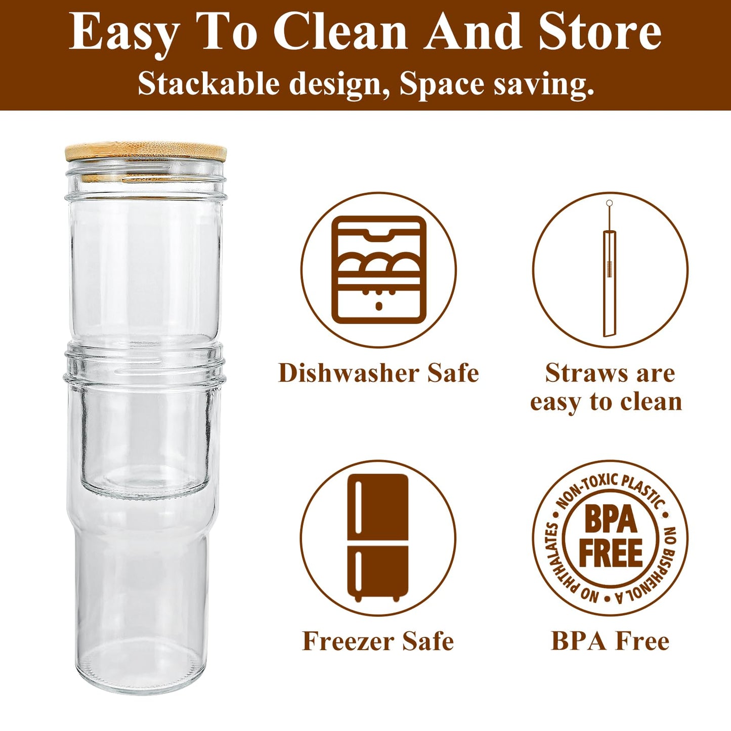 24oz Drinking Glasses w/ Bamboo Lids Silver Straw Cups Beer Iced Coffee Glasses