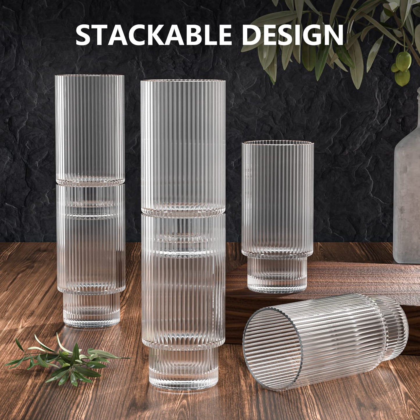 Ribbed Glass Cups with Glass Straws, 16oz/11oz Drinking Glasses, Set of 4pcs/6pcs