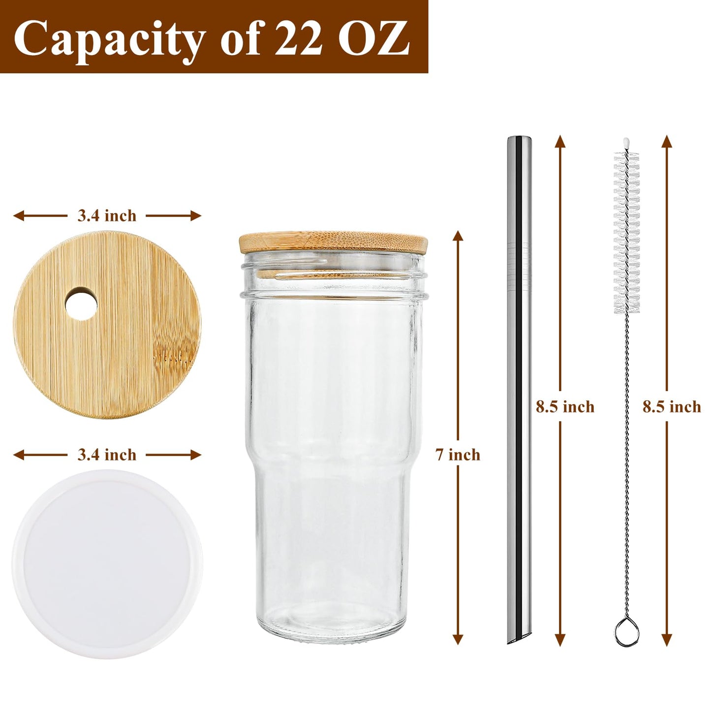 24oz Drinking Glasses w/ Bamboo Lids Silver Straw Cups Beer Iced Coffee Glasses