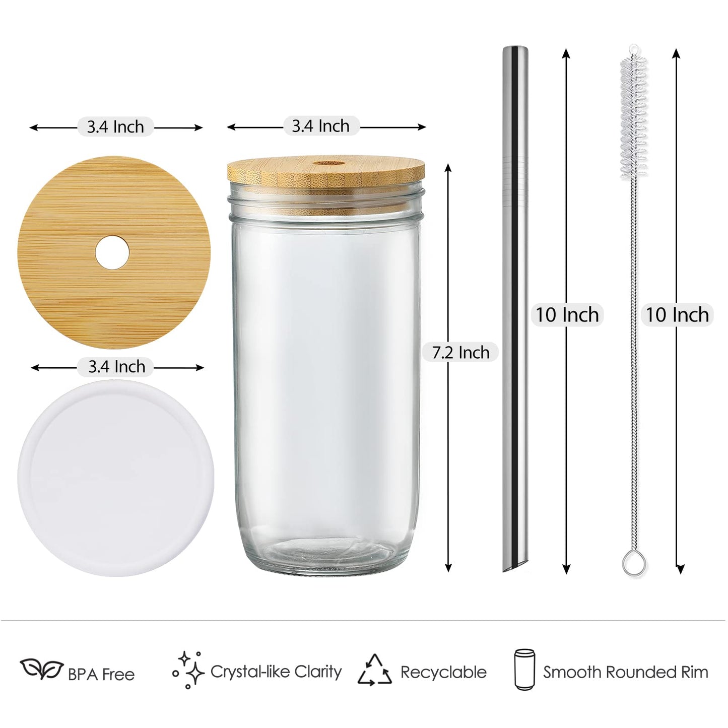 24oz Drinking Glasses w/ Bamboo Lids Silver Straw Cups Beer Iced Coffee Glasses