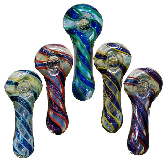 SP093  4 1/4 Inch Colorful Twisted Line Twisted Style Hand Pipe with Built-in Honeycomb Screen | Head Spoon Pipe